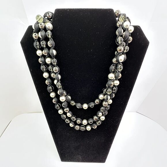 Multi Strand Statement Ribbon Necklace with Silver Black Clear Glass Beads 22" - Picture 2 of 14